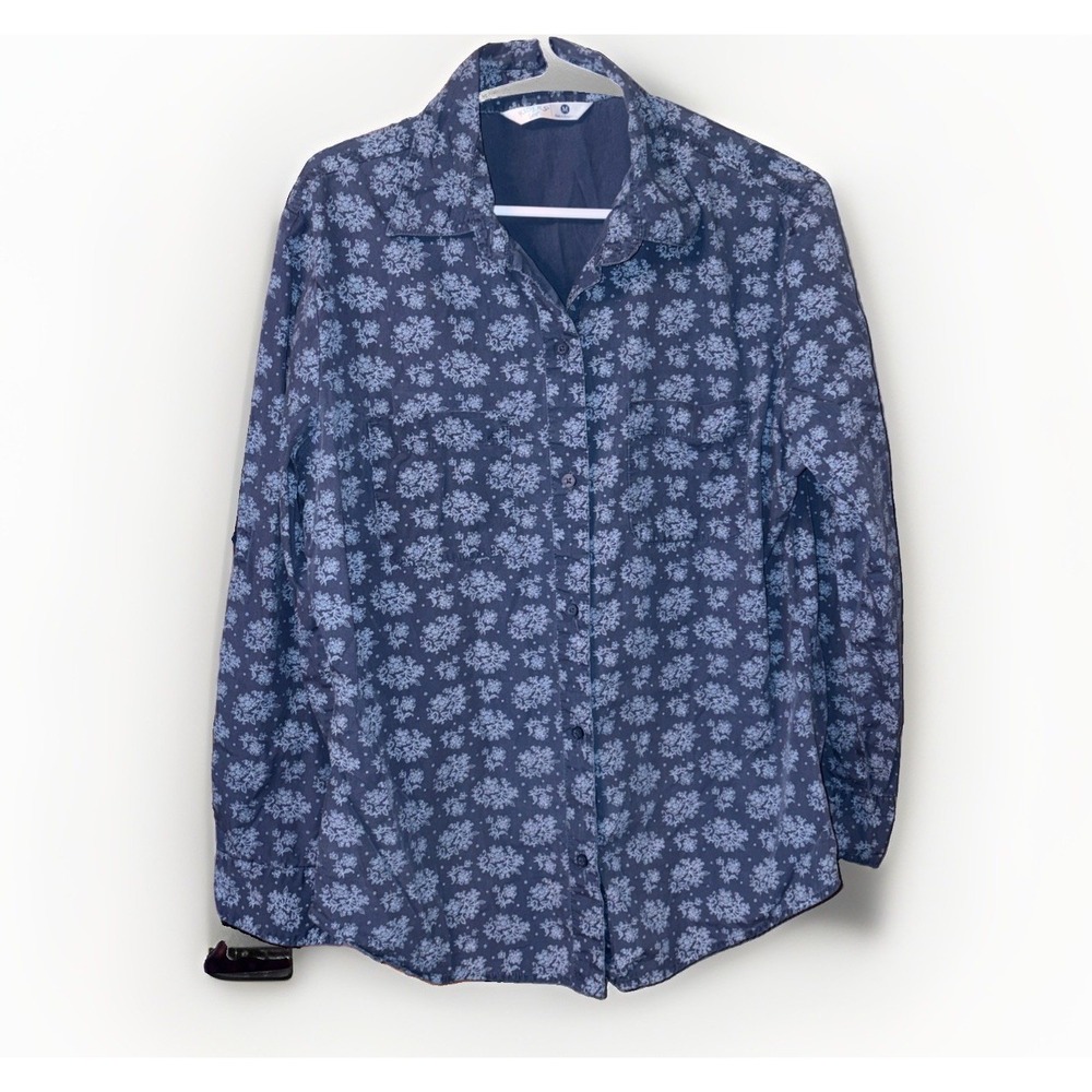Lee Women's M 100% Cotton Coastal Cowgirl Floral Button Down Navy Blue Shirt